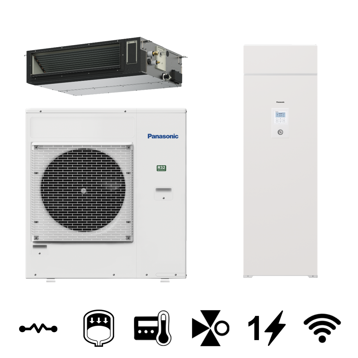Panasonic Aquarea EcoFlex A2W+A2A multi split levegő-víz hőszivattyú, 185 L-es HMV tárolóval, légcsatornázható fan-coillal, 8 kW (CU-2WZ71YBE5+S-71WF3E+WH-ADF0309J3E5CM)